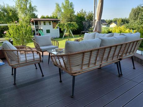 Beżowy narożnik z fotelem na taras w stylu boho - Torgiano Corner - Natural