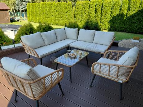 Beżowy narożnik z fotelem na taras w stylu boho - Torgiano Corner - Natural