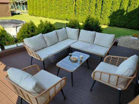 Beżowy narożnik z fotelem na taras w stylu boho - Torgiano Corner - Natural