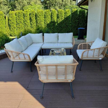 Beżowy narożnik z fotelem na taras w stylu boho - Torgiano Corner - Natural