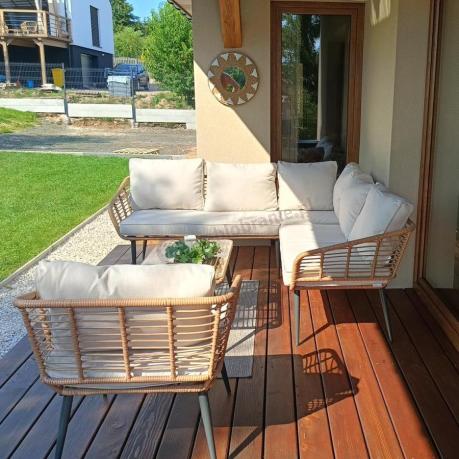 Beżowy narożnik z fotelem na taras w stylu boho - Torgiano Corner - Natural