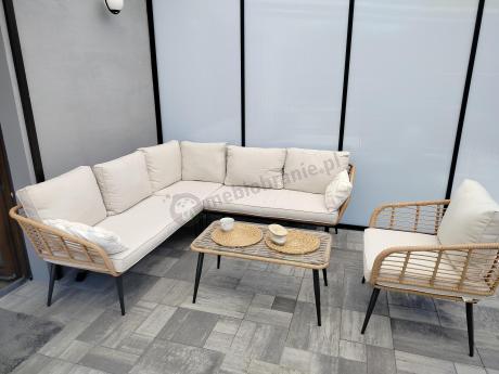 Beżowy narożnik z fotelem na taras w stylu boho - Torgiano Corner - Natural
