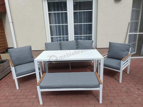 Białe meble ogrodowe z sofą 165cm fotelami i ławką 110cm Altin