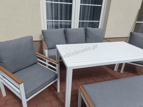 Białe meble ogrodowe z sofą 165cm fotelami i ławką 110cm Altin
