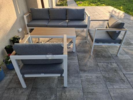 Biały komplet aluminiowych mebli ogrodowych dla 5 osób z sofą 190cm Stine