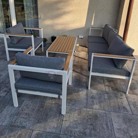 Biały komplet aluminiowych mebli ogrodowych dla 5 osób z sofą 190cm Stine