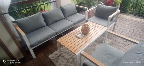 Biały komplet aluminiowych mebli ogrodowych dla 5 osób z sofą 190cm Stine