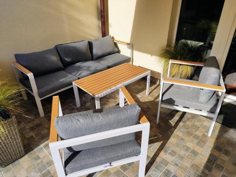 Biały komplet aluminiowych mebli ogrodowych dla 5 osób z sofą 190cm Stine