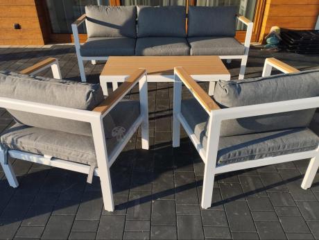 Biały komplet aluminiowych mebli ogrodowych dla 5 osób z sofą 190cm Stine