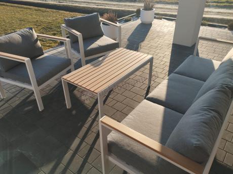Biały komplet aluminiowych mebli ogrodowych dla 5 osób z sofą 190cm Stine