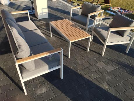 Biały komplet aluminiowych mebli ogrodowych dla 5 osób z sofą 190cm Stine