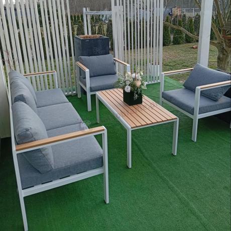 Biały komplet aluminiowych mebli ogrodowych dla 5 osób z sofą 190cm Stine