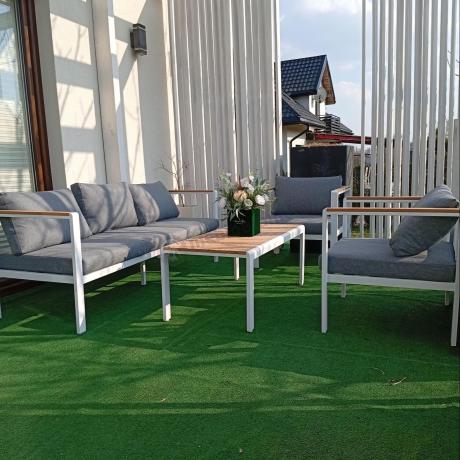 Biały komplet aluminiowych mebli ogrodowych dla 5 osób z sofą 190cm Stine