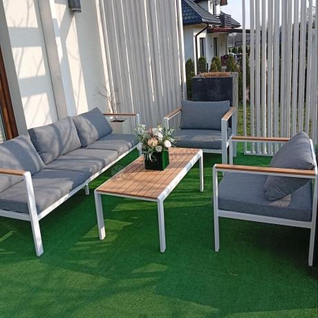 Biały komplet aluminiowych mebli ogrodowych dla 5 osób z sofą 190cm Stine