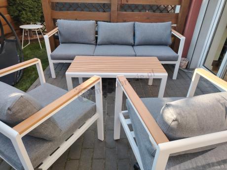 Biały komplet aluminiowych mebli ogrodowych dla 5 osób z sofą 190cm Stine