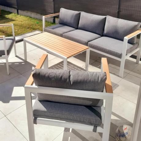 Biały komplet aluminiowych mebli ogrodowych dla 5 osób z sofą 190cm Stine