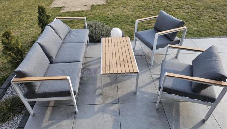 Biały komplet aluminiowych mebli ogrodowych dla 5 osób z sofą 190cm Stine