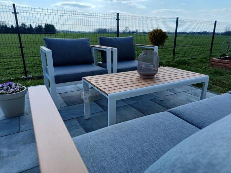 Biały komplet aluminiowych mebli ogrodowych dla 5 osób z sofą 190cm Stine