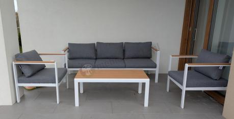 Biały komplet aluminiowych mebli ogrodowych dla 5 osób z sofą 190cm Stine