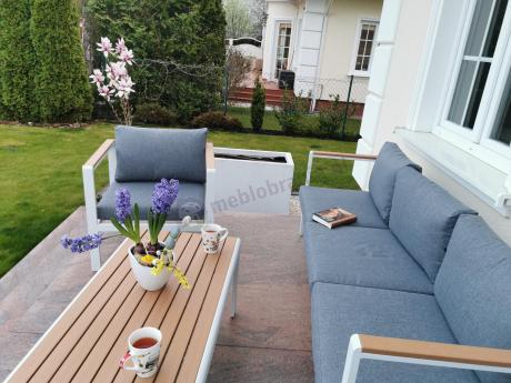 Biały komplet aluminiowych mebli ogrodowych dla 5 osób z sofą 190cm Stine
