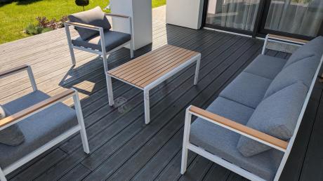 Biały komplet aluminiowych mebli ogrodowych dla 5 osób z sofą 190cm Stine