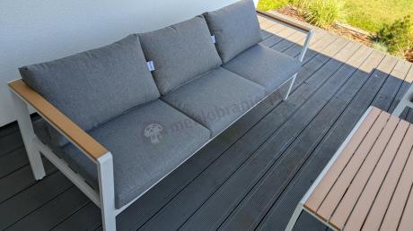 Biały komplet aluminiowych mebli ogrodowych dla 5 osób z sofą 190cm Stine