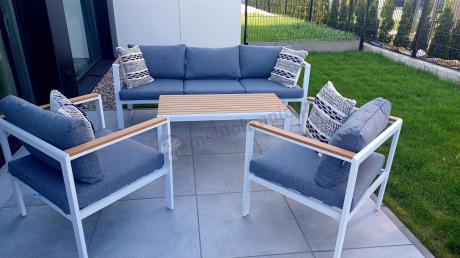 Biały komplet aluminiowych mebli ogrodowych dla 5 osób z sofą 190cm Stine