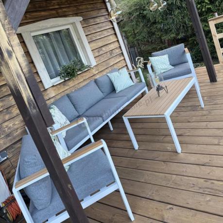 Biały komplet aluminiowych mebli ogrodowych dla 5 osób z sofą 190cm Stine