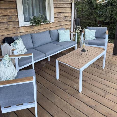Biały komplet aluminiowych mebli ogrodowych dla 5 osób z sofą 190cm Stine