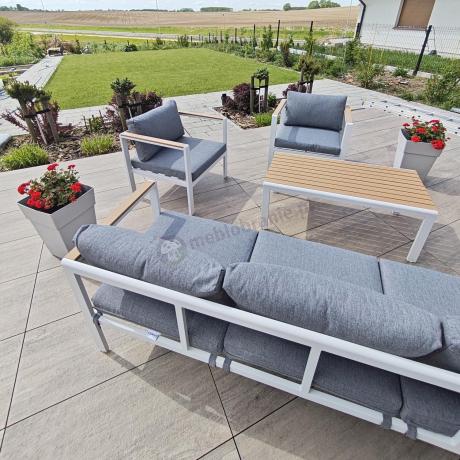 Biały komplet aluminiowych mebli ogrodowych dla 5 osób z sofą 190cm Stine