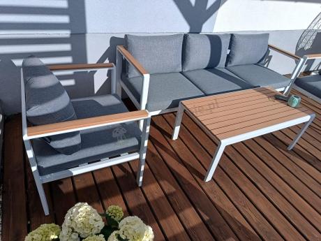 Biały komplet aluminiowych mebli ogrodowych dla 5 osób z sofą 190cm Stine