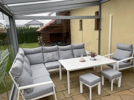 Biały narożnik tarasowy 278x215cm z wysokim stołem i fotelem - Renalo Corner