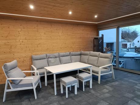 Biały narożnik tarasowy 278x215cm z wysokim stołem i fotelem - Renalo Corner