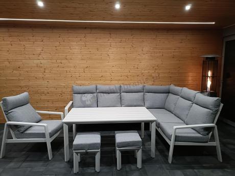 Biały narożnik tarasowy 278x215cm z wysokim stołem i fotelem - Renalo Corner