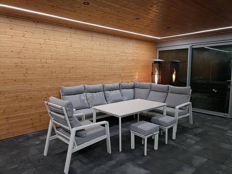 Biały narożnik tarasowy 278x215cm z wysokim stołem i fotelem - Renalo Corner