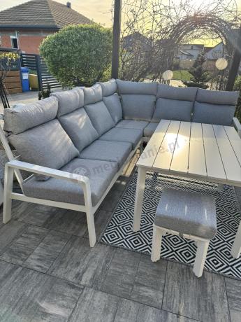 Biały narożnik tarasowy 278x215cm z wysokim stołem i fotelem - Renalo Corner