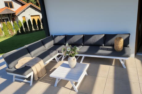 Biały nowoczesny narożnik ogrodowy z leżakiem 255x195 cm Soletto XL