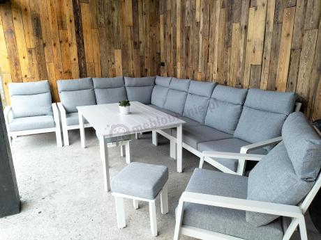 Biały zestaw mebli ogrodowych z narożnikiem, fotelami i pufami - Renalo Corner XL