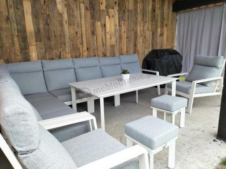 Biały zestaw mebli ogrodowych z narożnikiem, fotelami i pufami - Renalo Corner XL