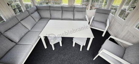 Biały zestaw mebli ogrodowych z narożnikiem, fotelami i pufami - Renalo Corner XL