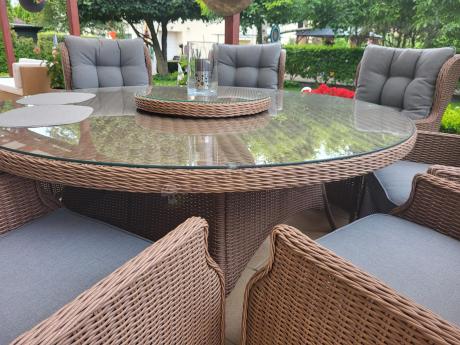 Brązowe meble obiadowe na taras Laritto 8+1 okrągły stół - technorattan