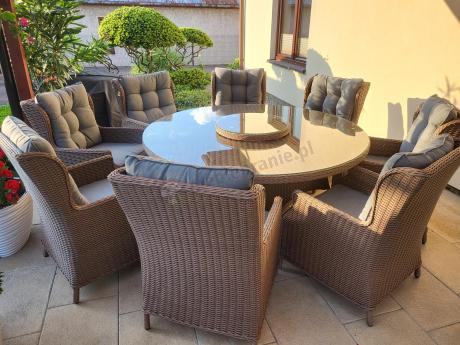 Brązowe meble obiadowe na taras Laritto 8+1 okrągły stół - technorattan