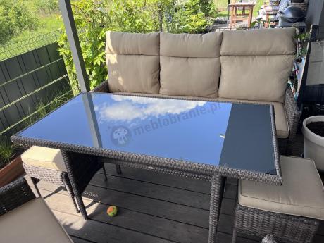 Brązowe meble ogrodowe z sofą 175cm, wysokim stołem, fotelami i pufami Lirata Dining