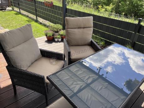 Brązowe meble ogrodowe z sofą 175cm, wysokim stołem, fotelami i pufami Lirata Dining