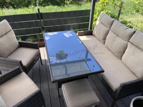 Brązowe meble ogrodowe z sofą 175cm, wysokim stołem, fotelami i pufami Lirata Dining