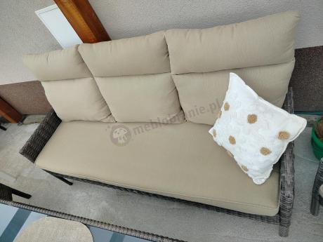 Brązowe meble ogrodowe z sofą 175cm, wysokim stołem, fotelami i pufami Lirata Dining