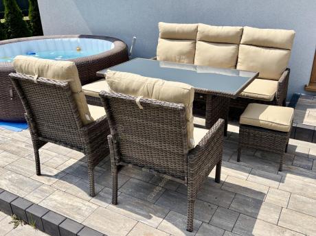 Brązowe meble ogrodowe z sofą 175cm, wysokim stołem, fotelami i pufami Lirata Dining