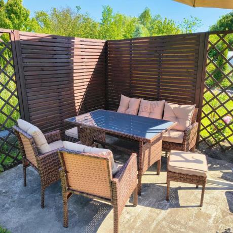Brązowe meble technorattanowe z wysokim stołem 120cm i sofą Torino Dining