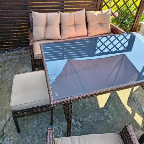 Brązowe meble technorattanowe z wysokim stołem 120cm i sofą Torino Dining