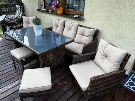 Brązowe meble technorattanowe z wysokim stołem 120cm i sofą Torino Dining
